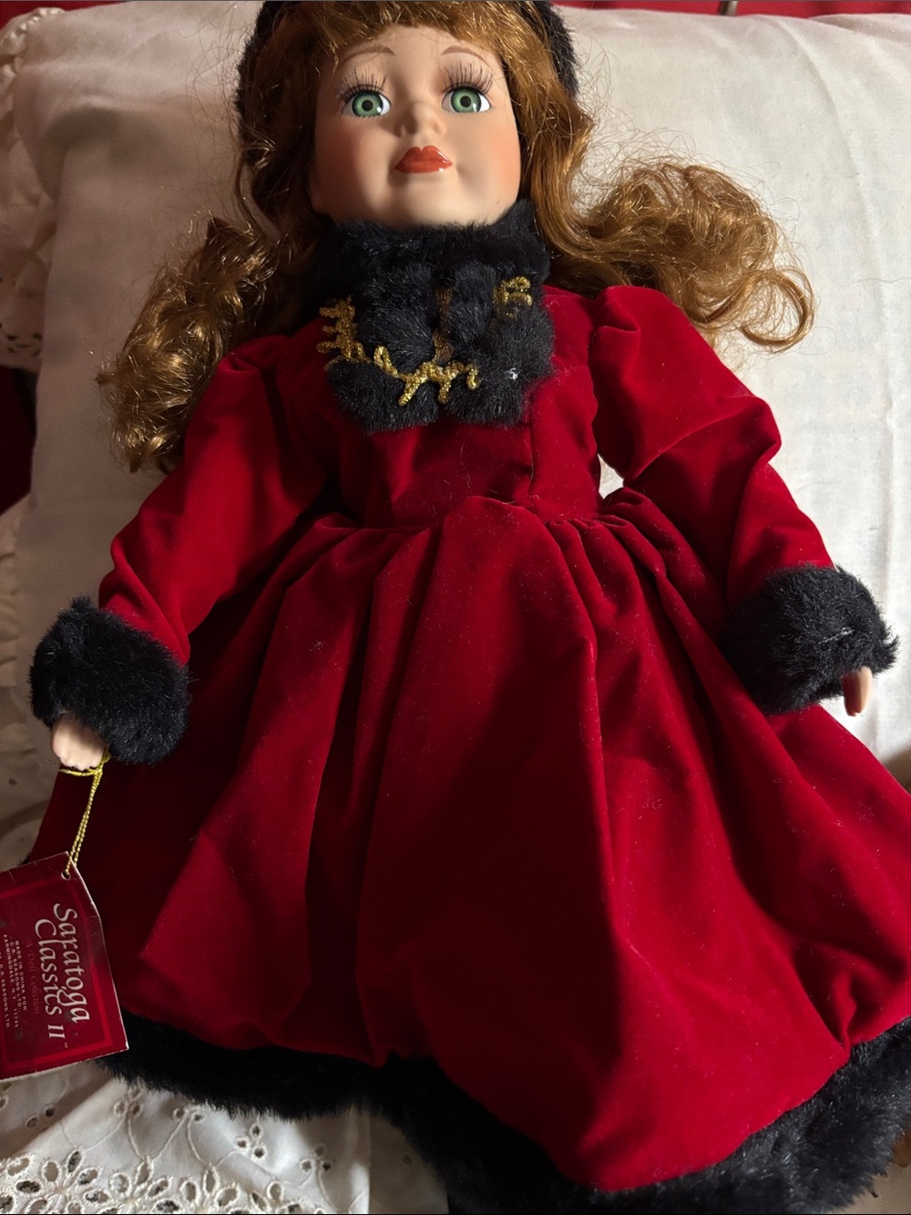 Vintage porcelain doll (Jacklyn) Red Velvet dress with Black Trim with stand